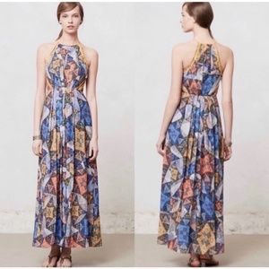Rana Gill Blue Multicolor Geometric Halter Top Empire Waist Maxi Dress